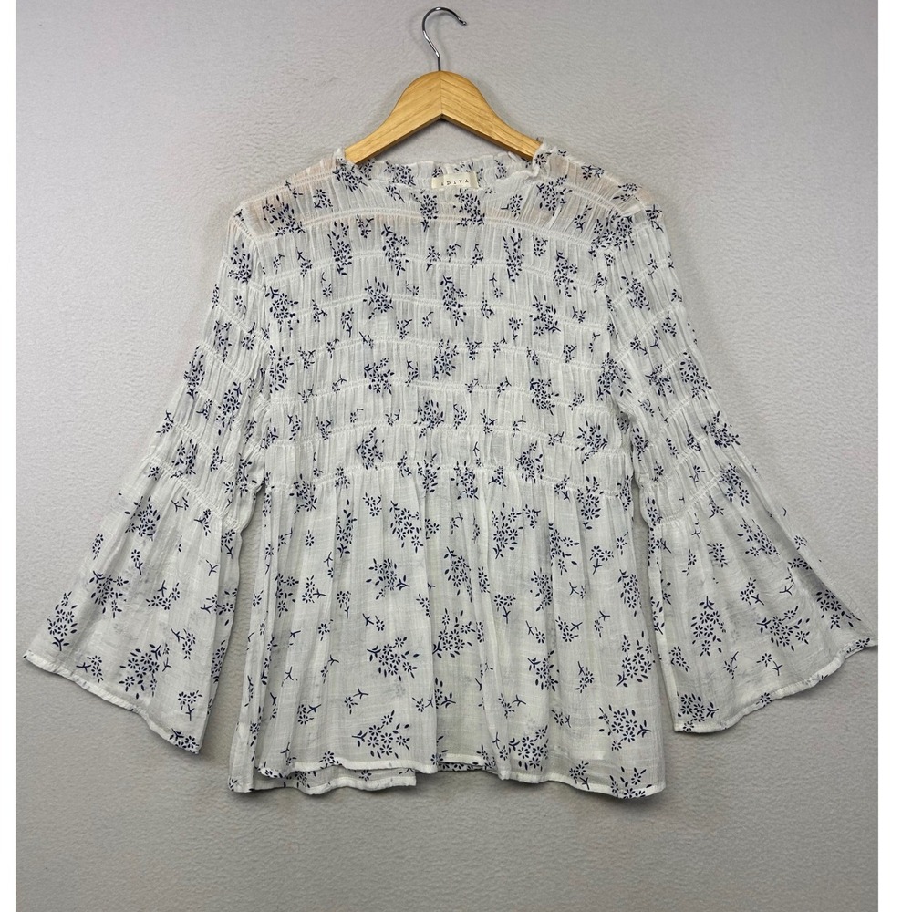 Cottagecore Adiva Womens Small White Blue Floral Smocked Bell Sleeve Boho Blouse